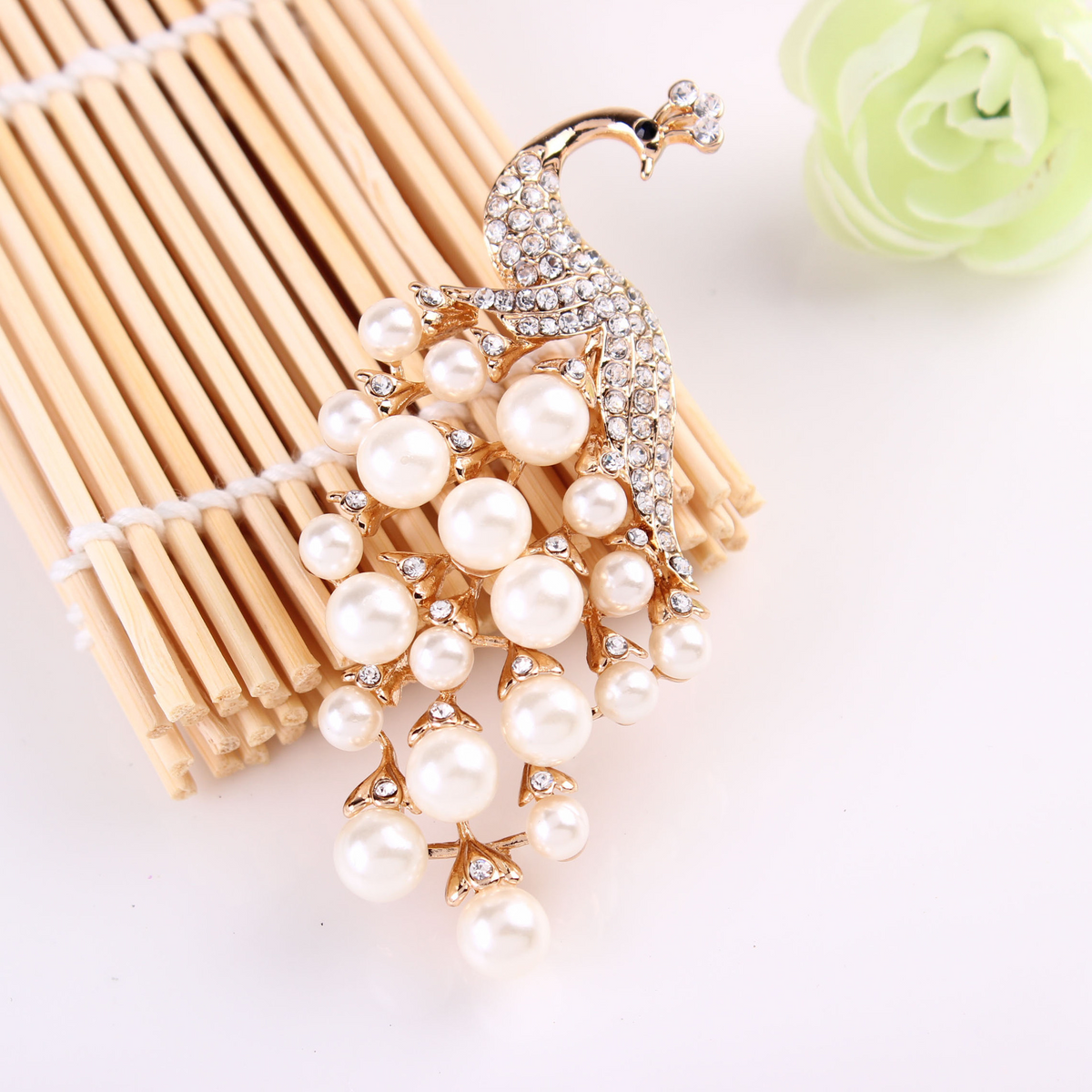 Pearl Rhinestone Peacock Brooch
