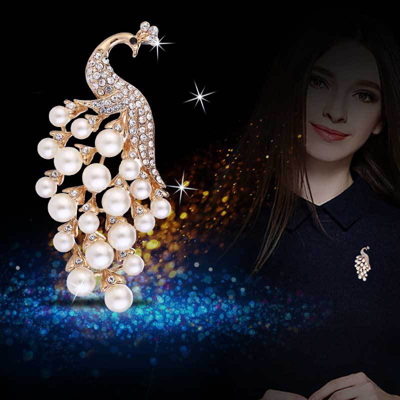 Pearl Rhinestone Peacock Brooch