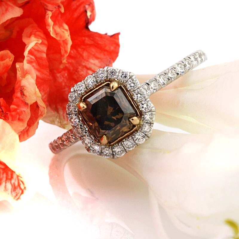 Fancy Dark Orange Brown Radiant Cut CVD Diamond Engagement Ring