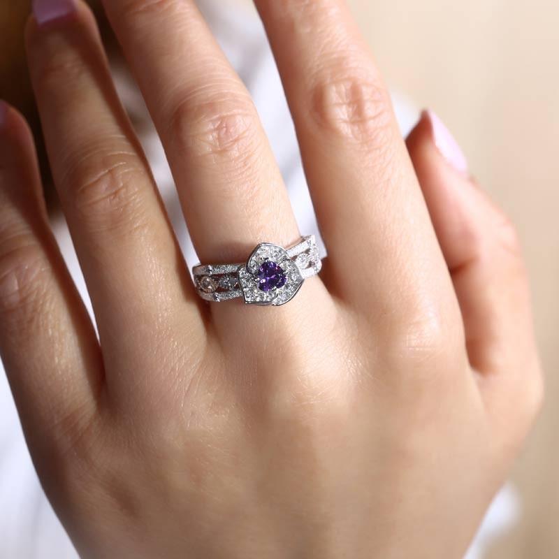 Rose Engagement Ring With Amethyst Gemstone in Heart Shape