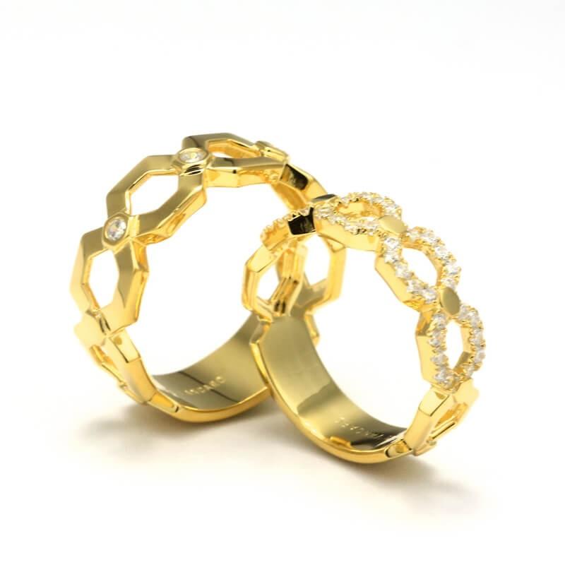 Gold Wedding Ring Set For Couples Geometry Honeycomb Inspired