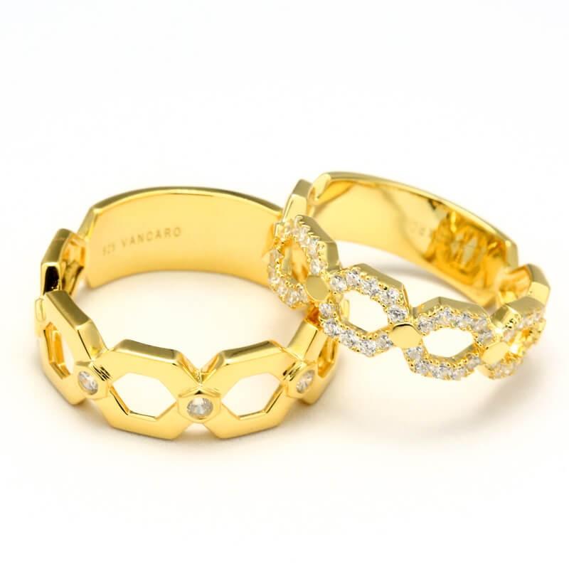 Gold Wedding Ring Set For Couples Geometry Honeycomb Inspired