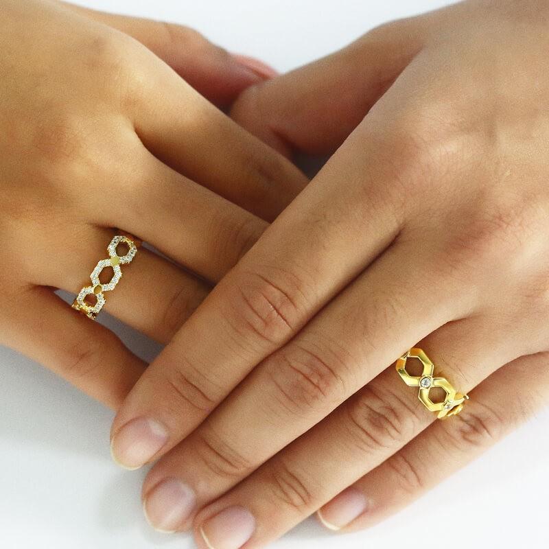 Gold Wedding Ring Set For Couples Geometry Honeycomb Inspired