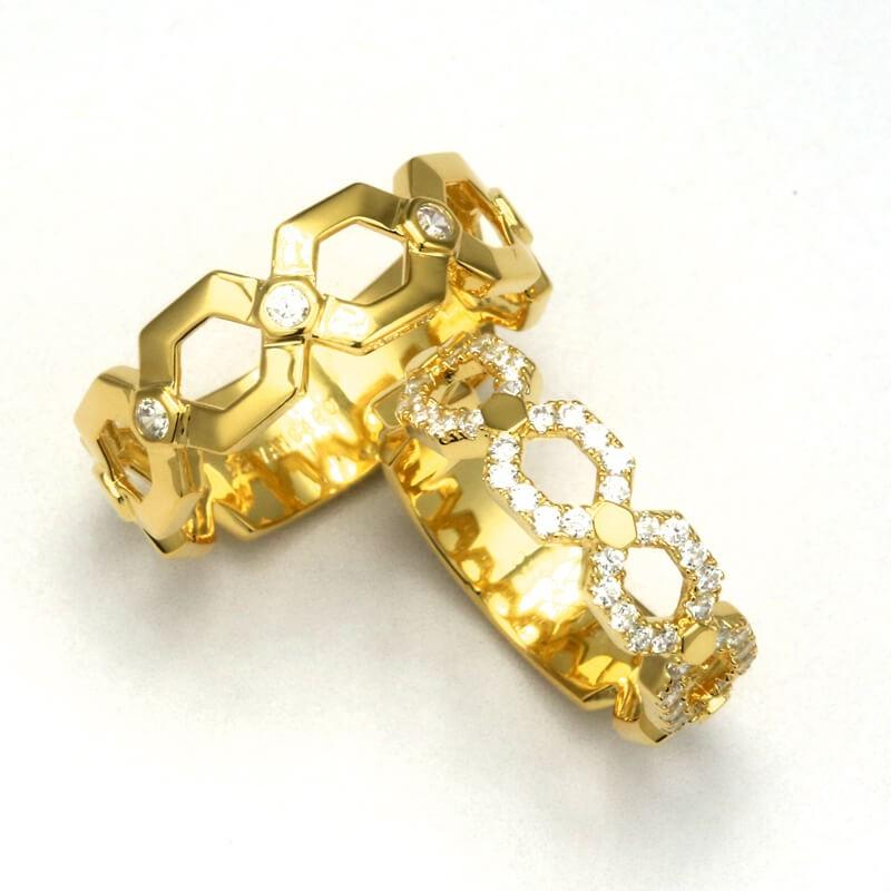 Gold Wedding Ring Set For Couples Geometry Honeycomb Inspired