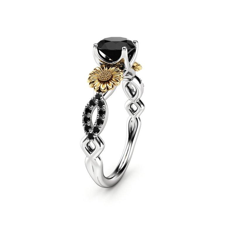 Natural Black Stone Silver Sunflower