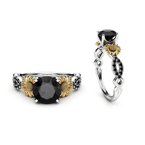 Natural Black Stone Silver Sunflower