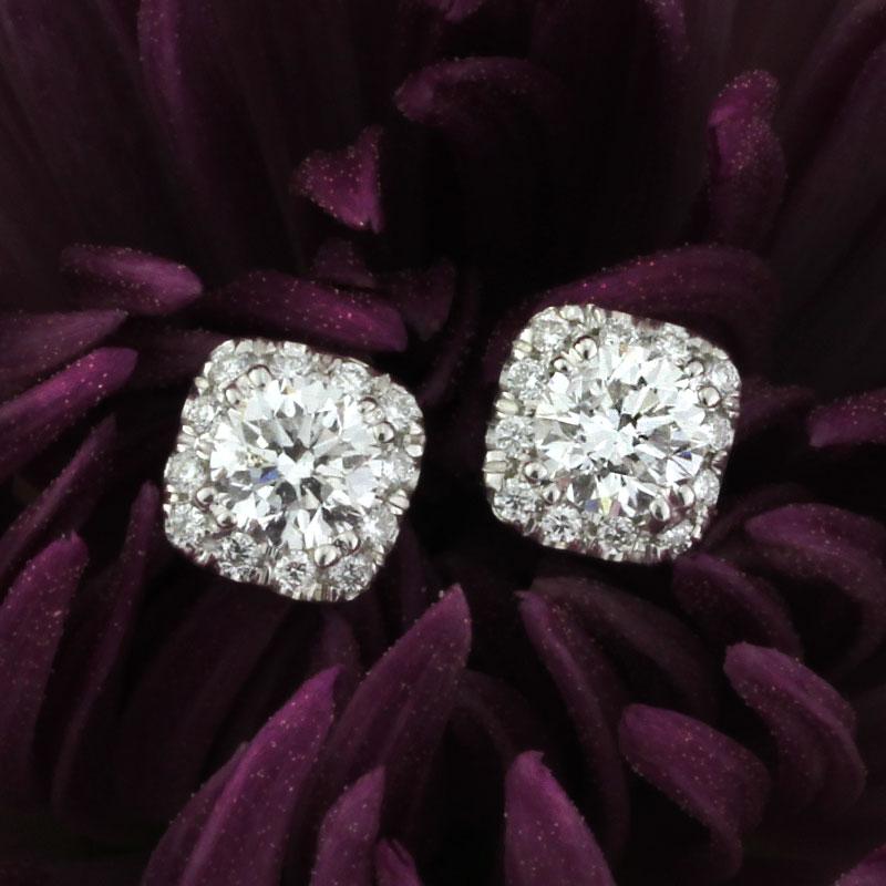 Round Brilliant Cut Diamond Cushion Halo Stud Earrings