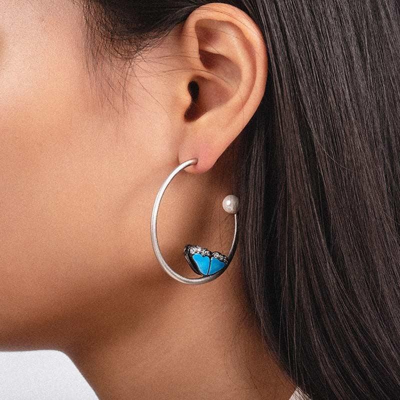 Butterfly Wing Adorned In Blue Lacquered  Earrings