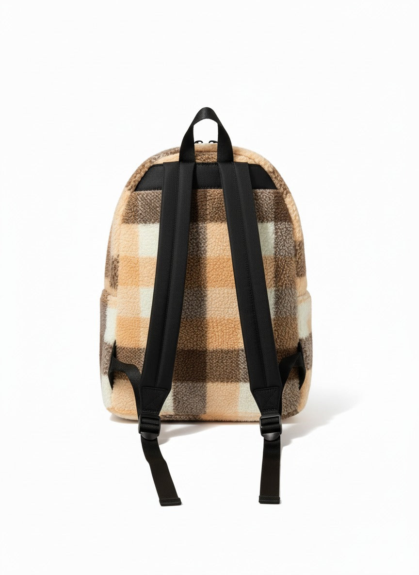 BABY MILO CHECKED PATTERN SHERPA FLEECE LARGE BACKPACK - BROWN AND BEIGE
