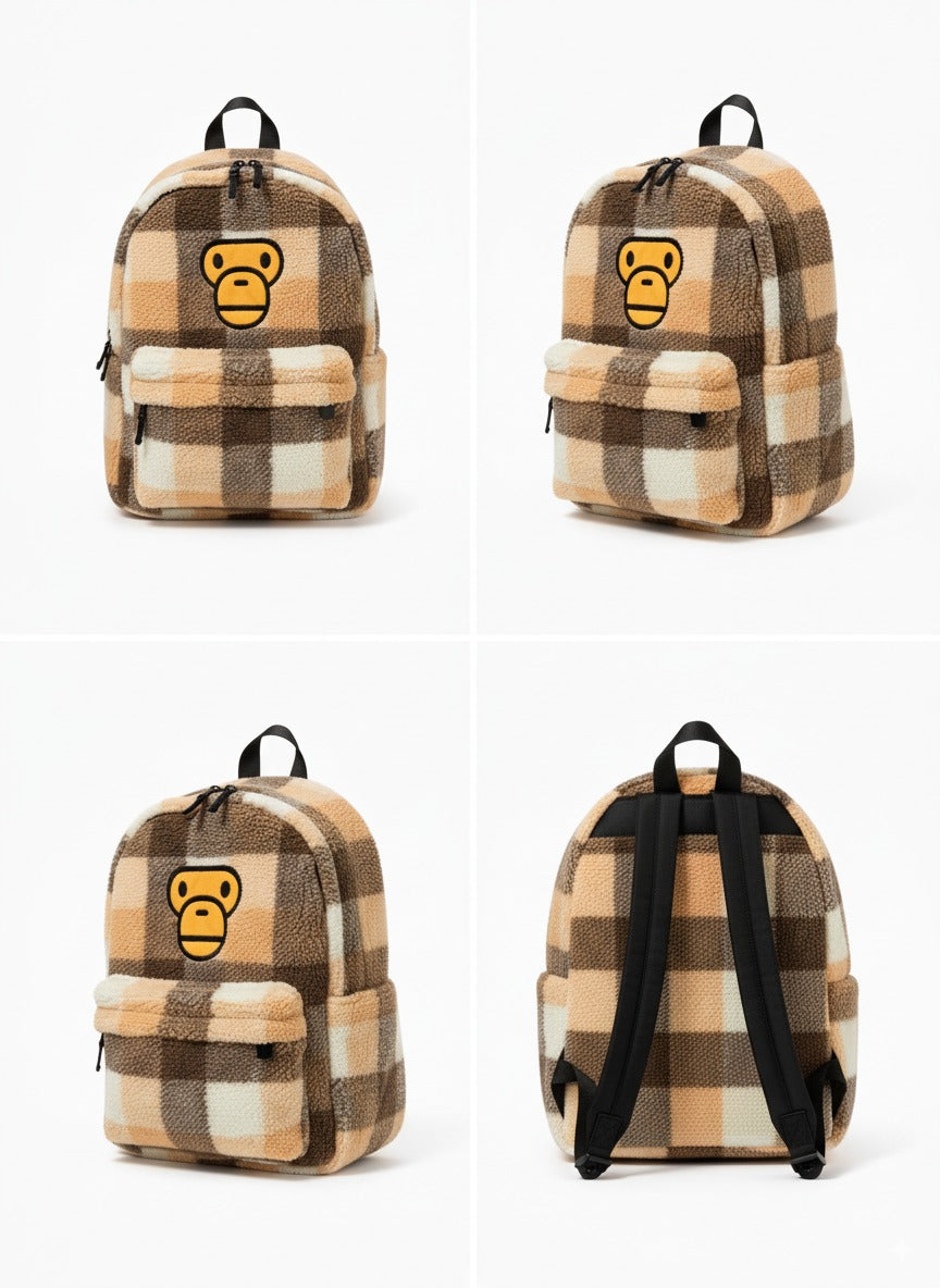 BABY MILO CHECKED PATTERN SHERPA FLEECE LARGE BACKPACK - BROWN AND BEIGE