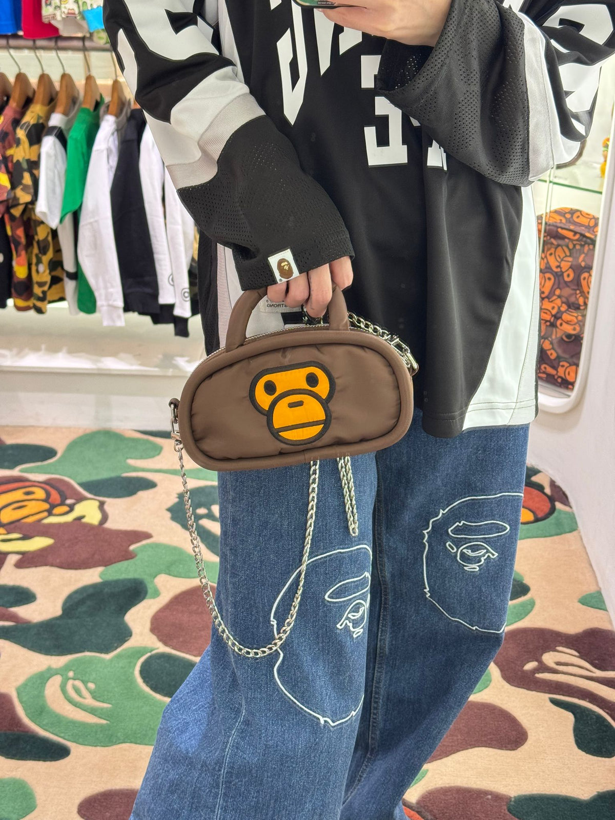 BAPE BABY MILO PLUSH DOLL CHAIN SMALL CROSS SHOULDER BAG - BROWN/YELLOW MONKEY FACE