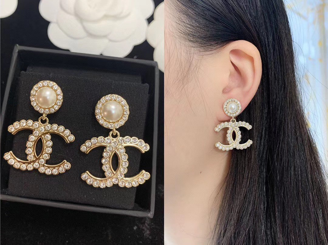 Chanel Double C Pearl and Crystal Stud Earrings