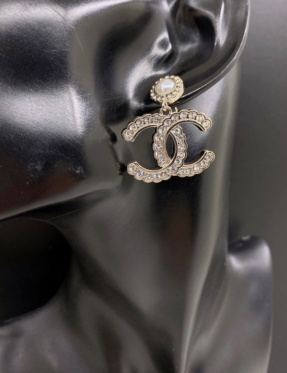 Chanel Double C Pearl and Crystal Stud Earrings