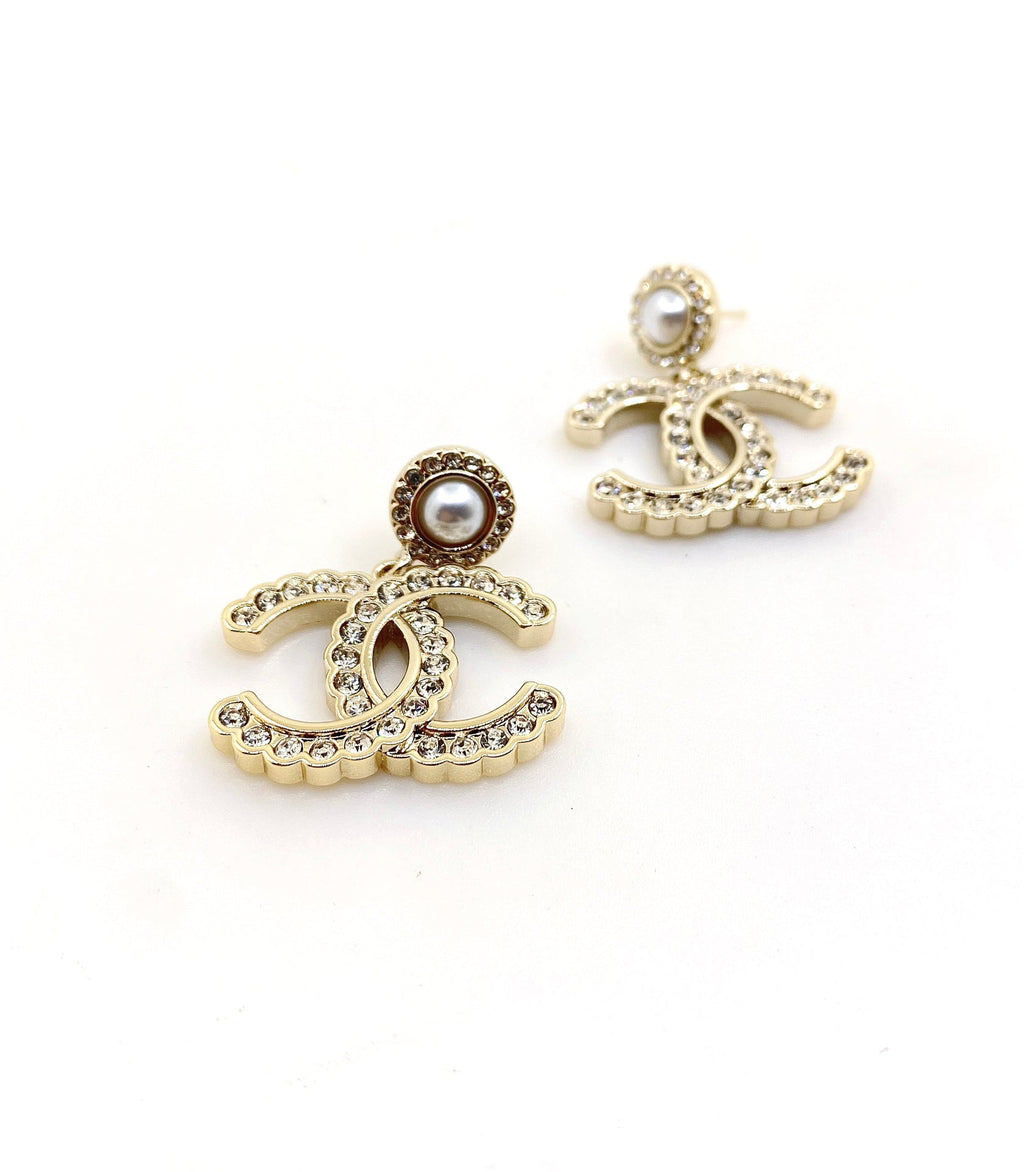 Chanel Double C Pearl and Crystal Stud Earrings