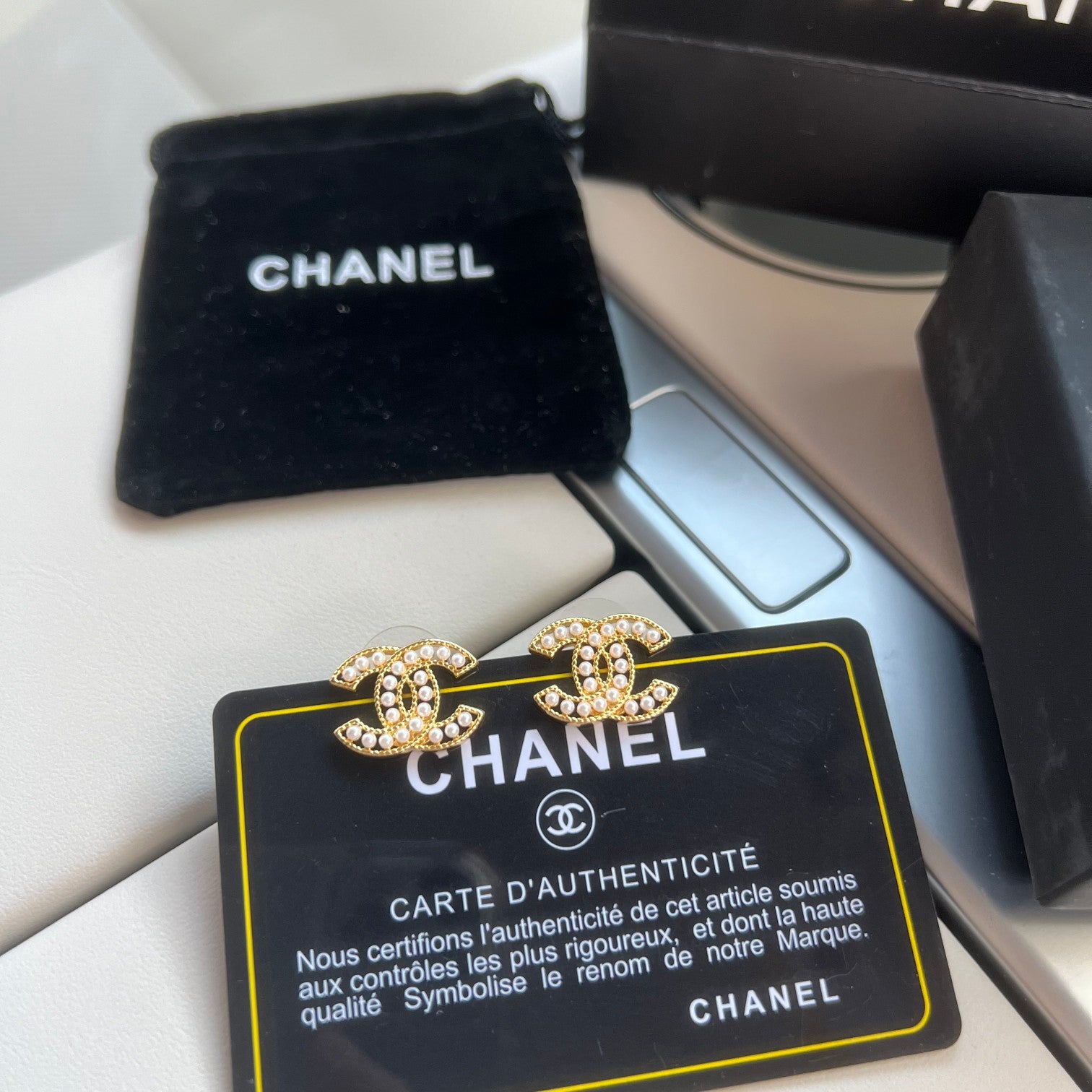 Chanel Double C Palace Style Pearl Stud Earrings