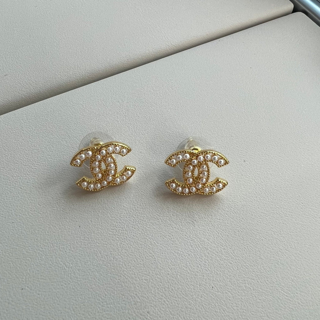Chanel Double C Palace Style Pearl Stud Earrings