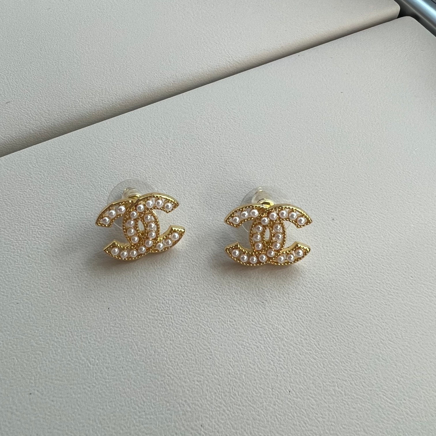Chanel Double C Palace Style Pearl Stud Earrings