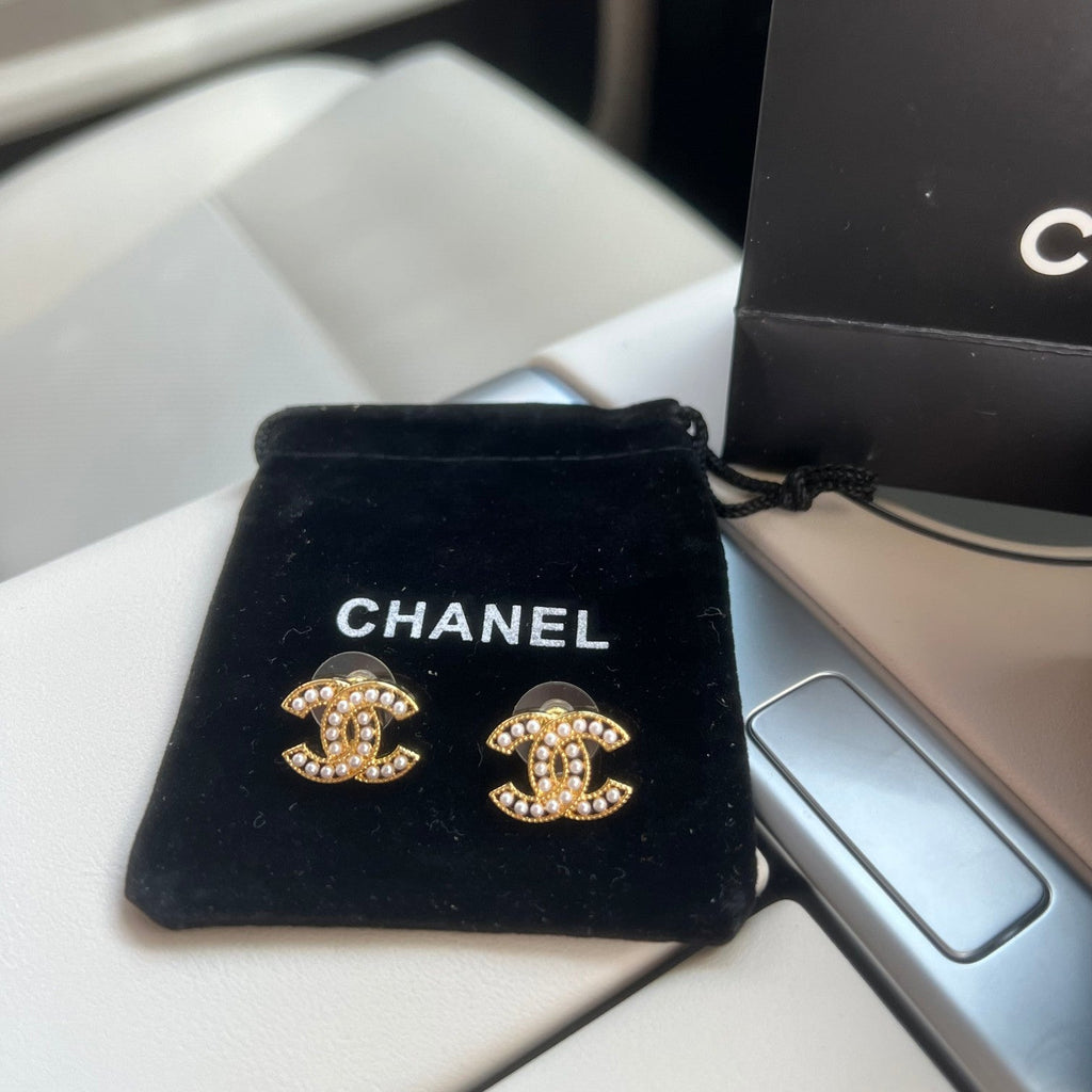 Chanel Double C Palace Style Pearl Stud Earrings