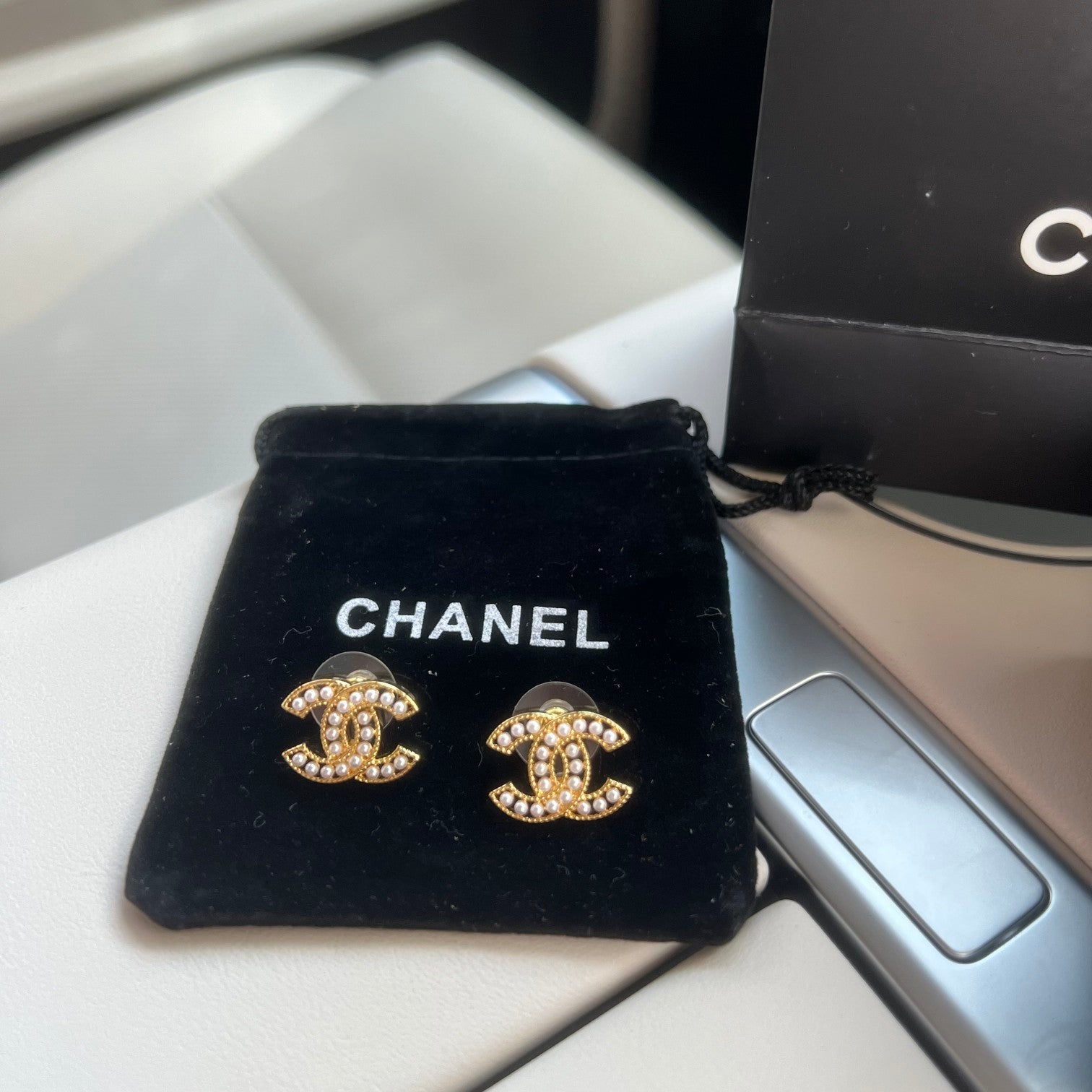 Chanel Double C Palace Style Pearl Stud Earrings