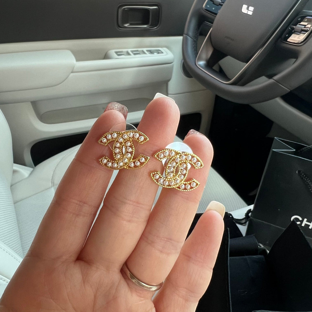 Chanel Double C Palace Style Pearl Stud Earrings