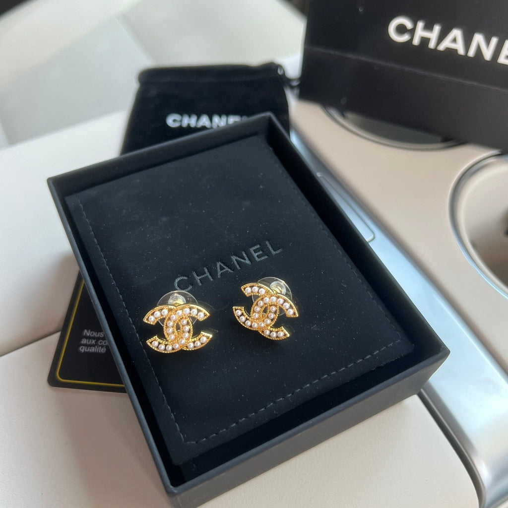 Chanel Double C Palace Style Pearl Stud Earrings