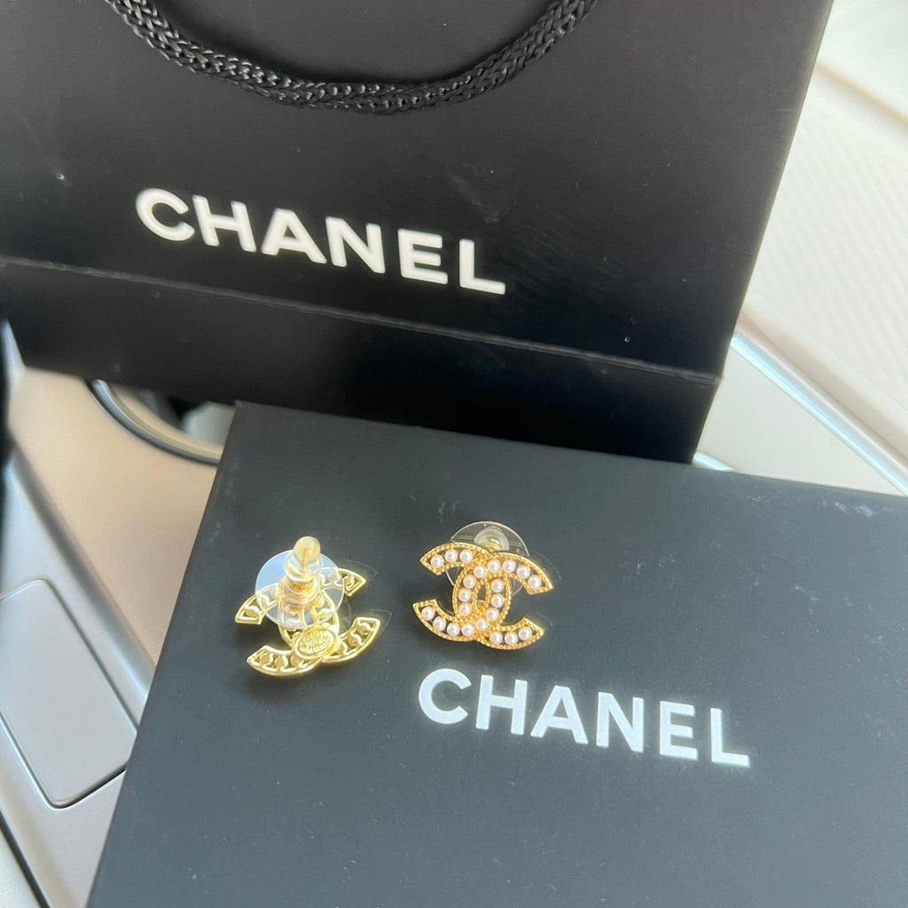 Chanel Double C Palace Style Pearl Stud Earrings