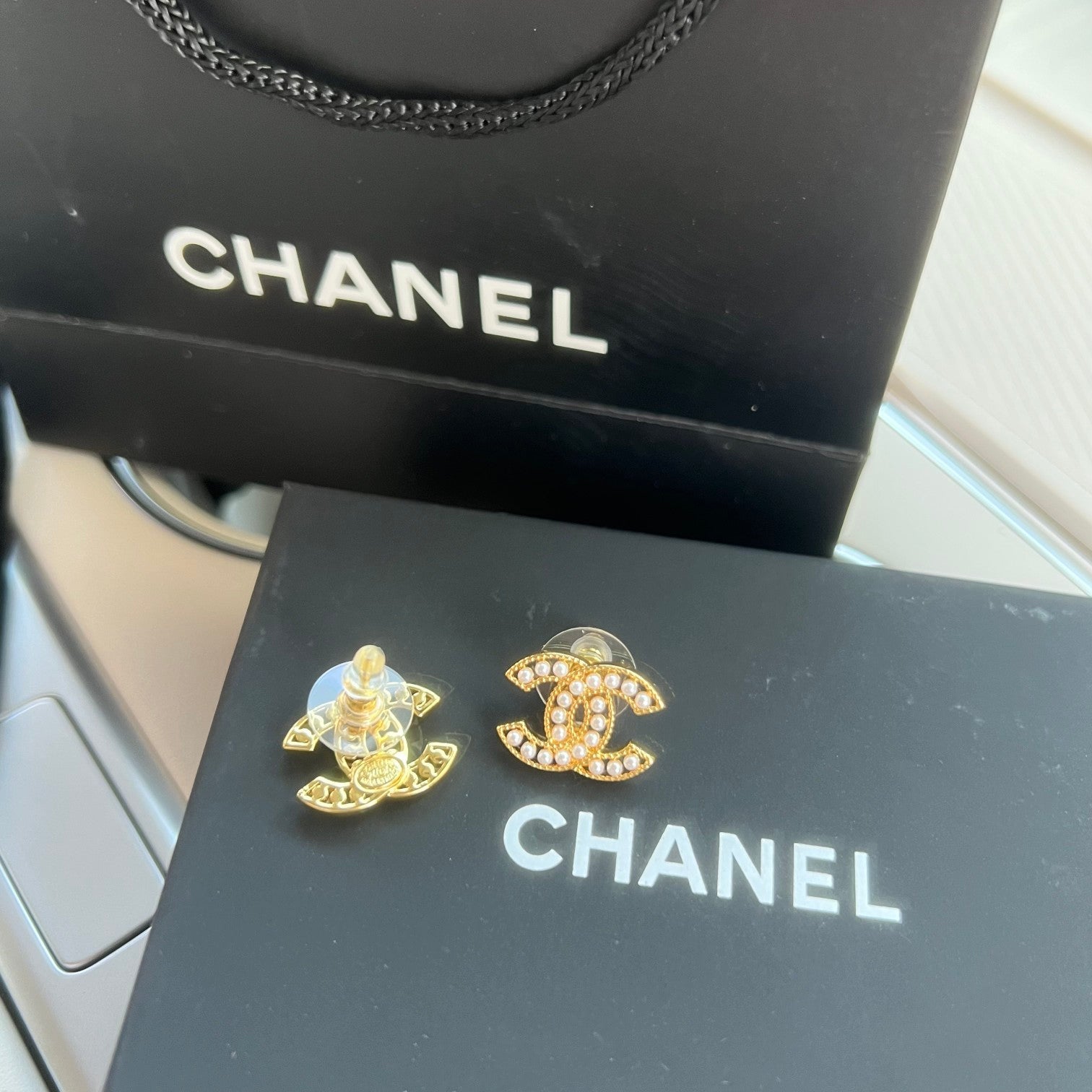 Chanel Double C Palace Style Pearl Stud Earrings