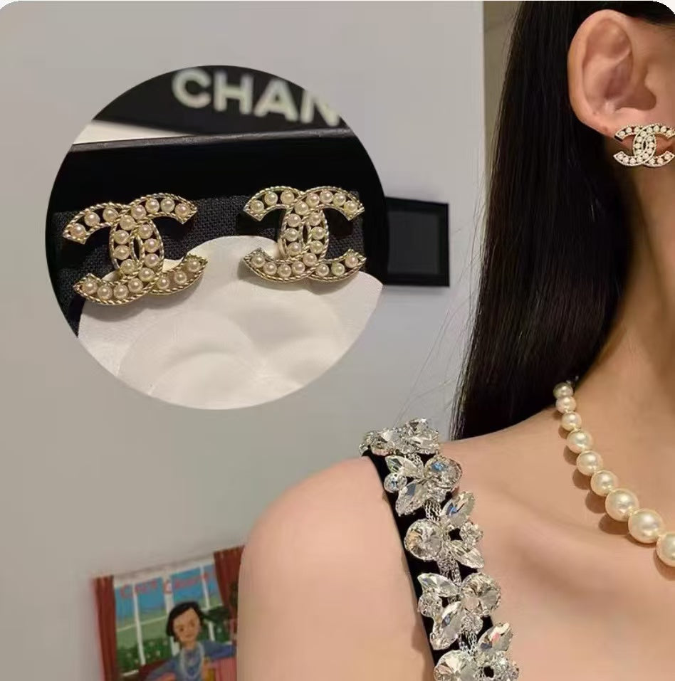 Chanel Double C Palace Style Pearl Stud Earrings