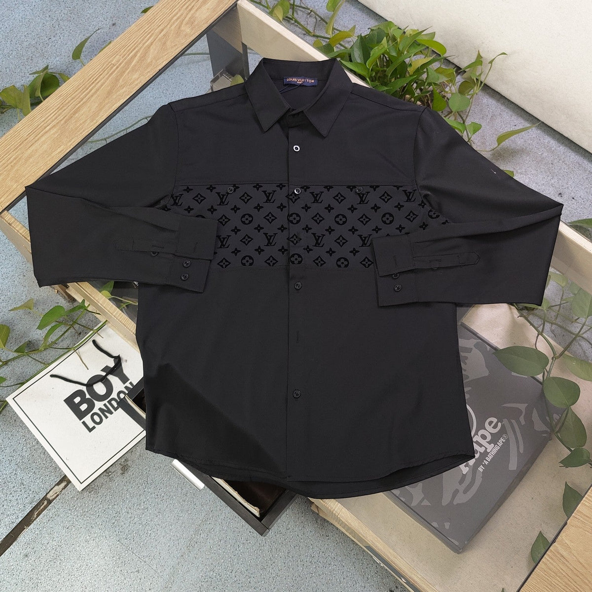 Louis Vuitton Flocked Logo Patchwork Long Sleeve Shirt – 2025 Collection