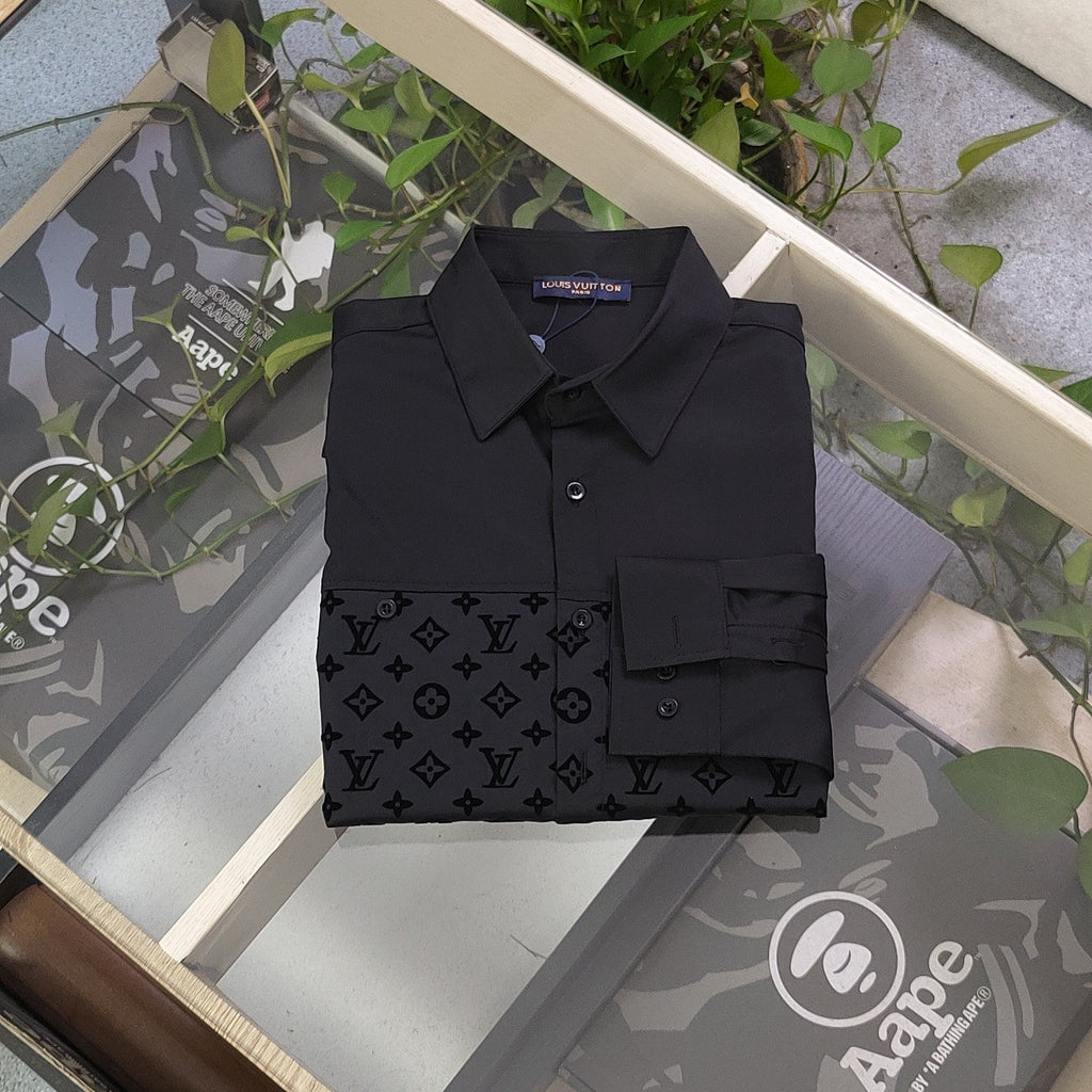Louis Vuitton Flocked Logo Patchwork Long Sleeve Shirt – 2025 Collection