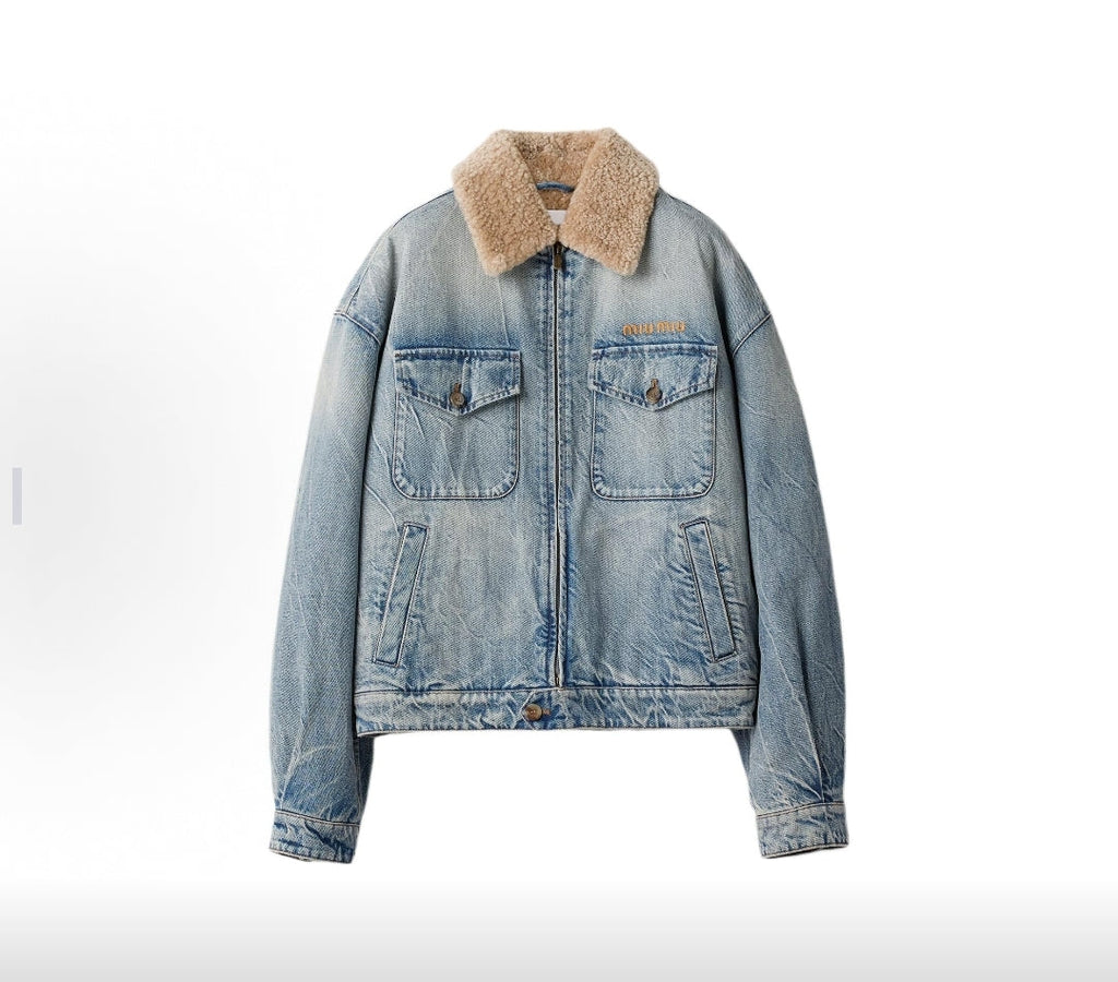 Miu Miu Washed Lambswool Embroidered Denim Jacket