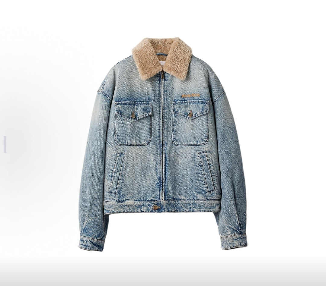 Miu Miu Washed Lambswool Embroidered Denim Jacket