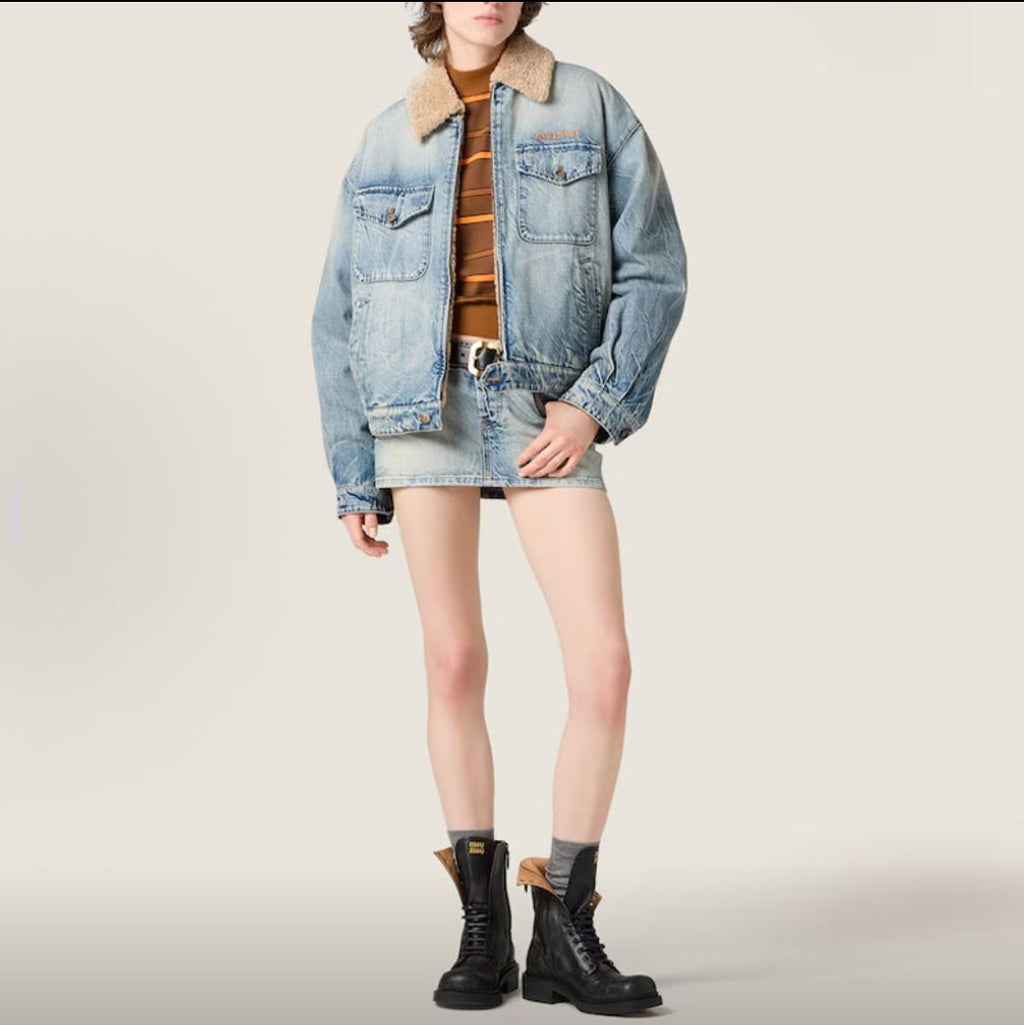 Miu Miu Washed Lambswool Embroidered Denim Jacket