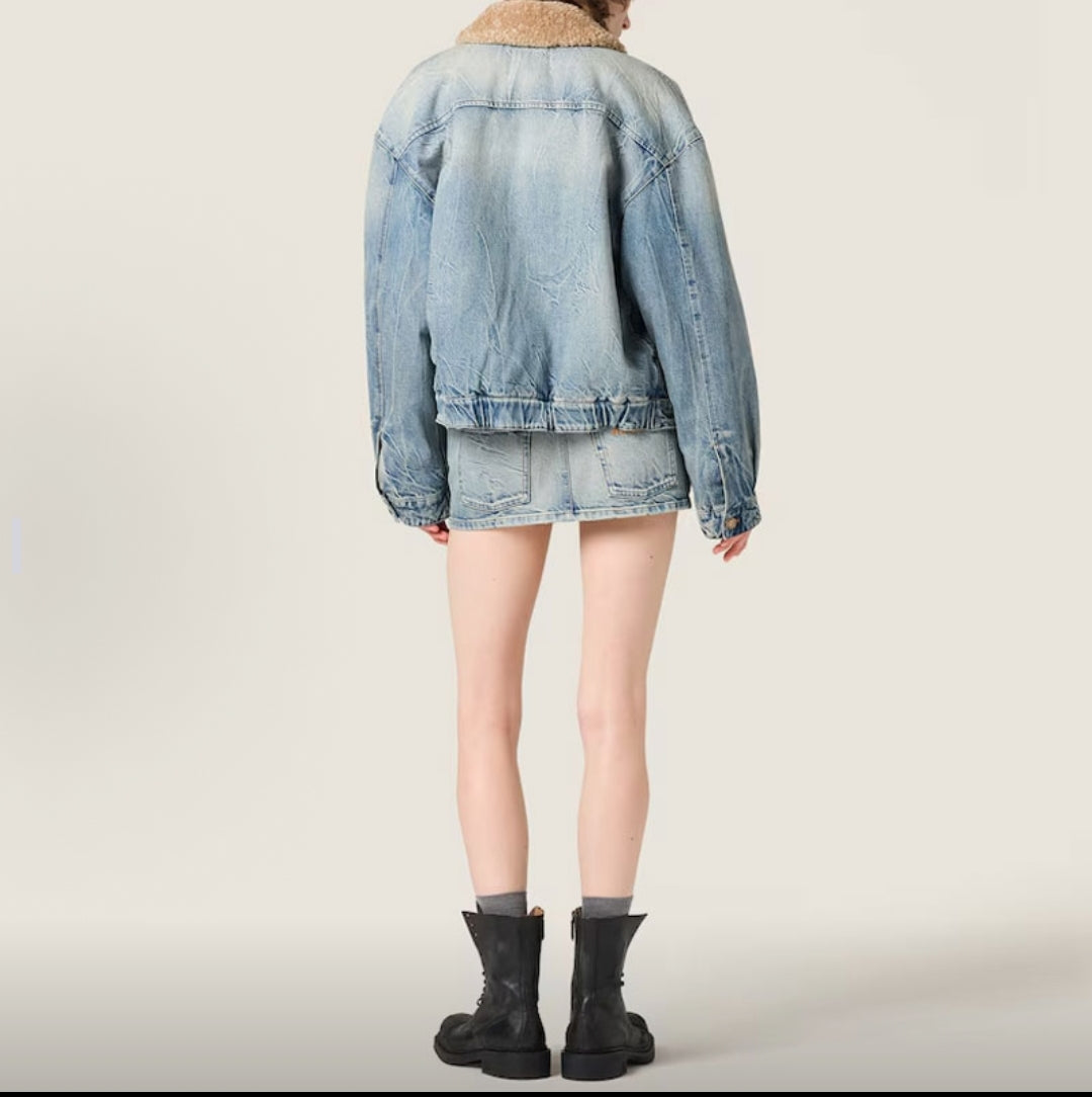 Miu Miu Washed Lambswool Embroidered Denim Jacket