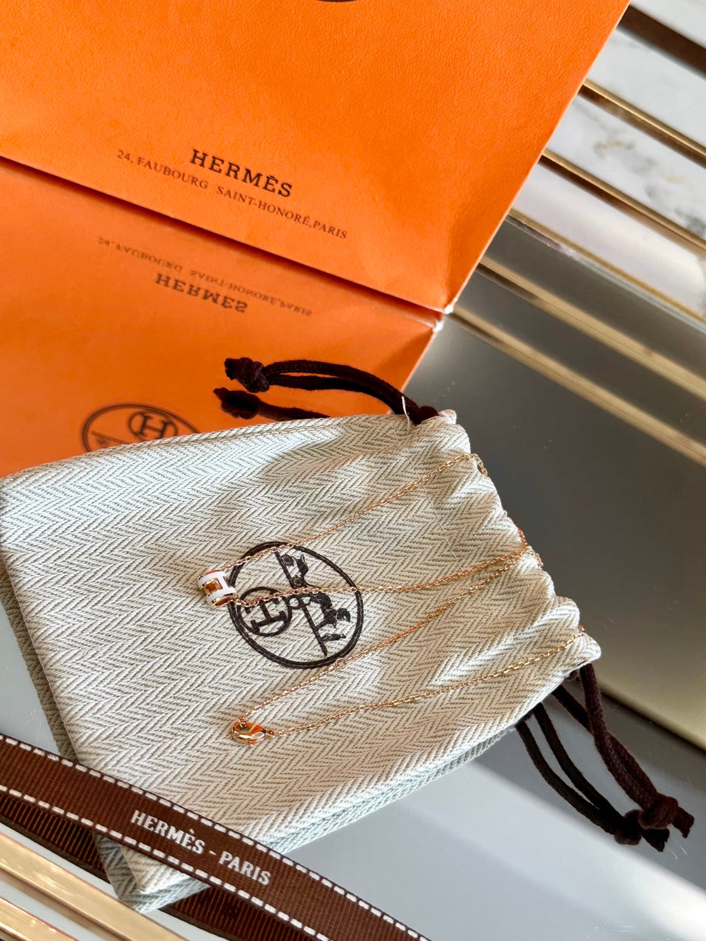 Hermès H-Letter Oval Enamel Necklace