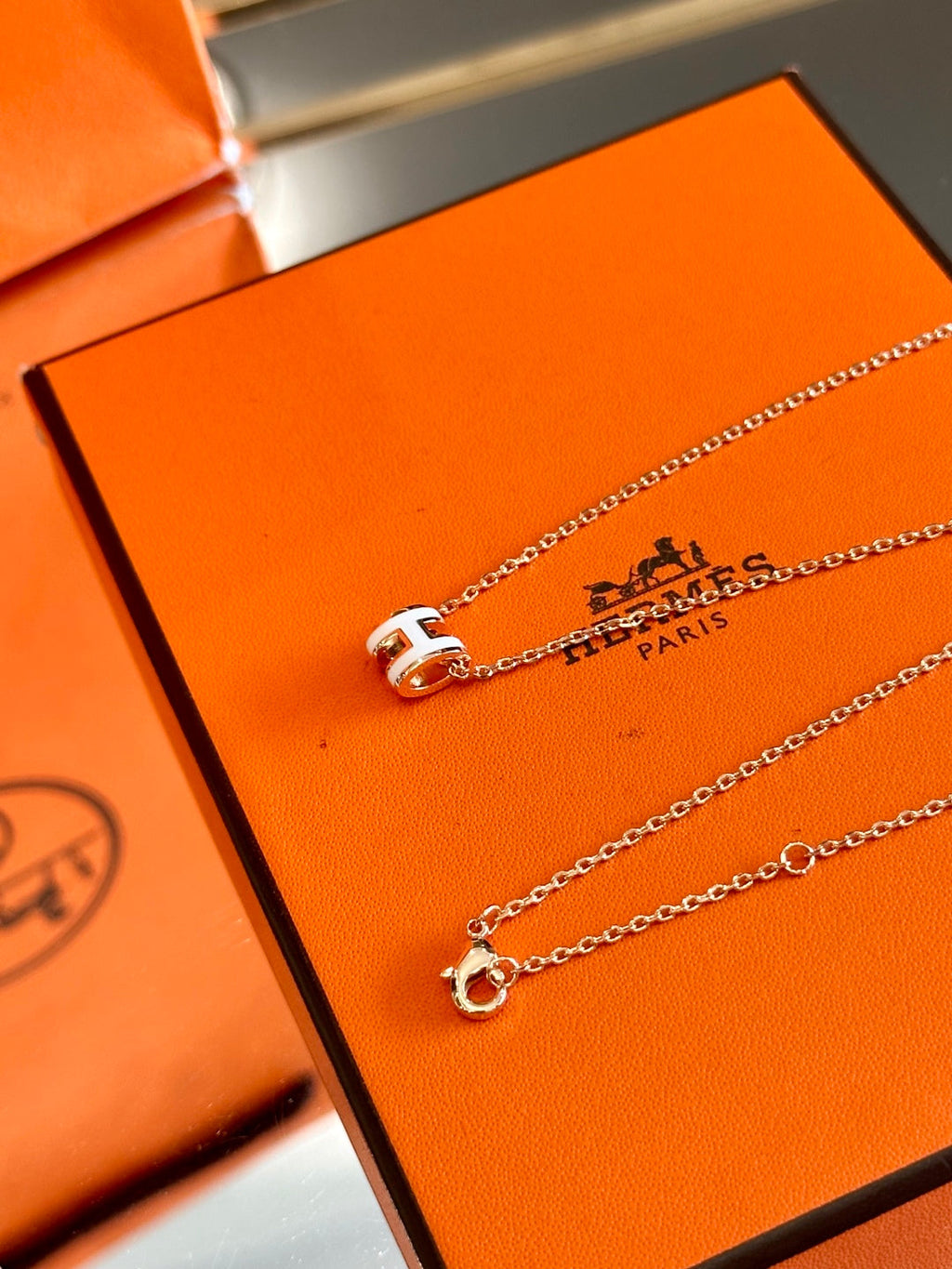 Hermès H-Letter Oval Enamel Necklace