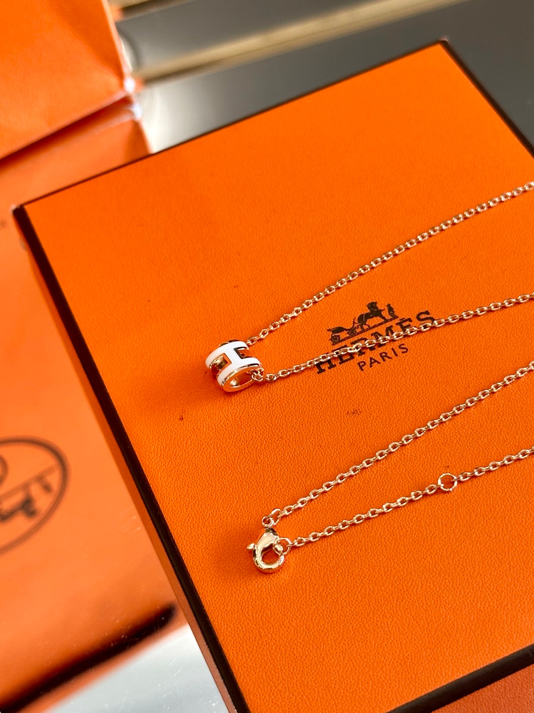 Hermès H-Letter Oval Enamel Necklace