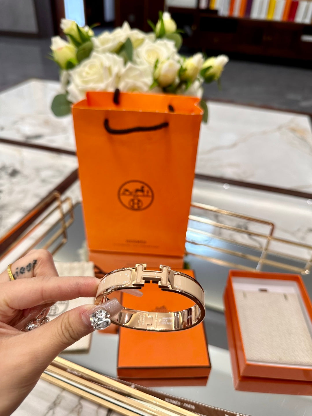 Hermès H-Letter Oval Enamel Bracelet