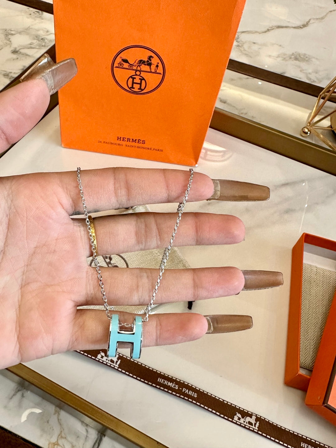 Hermès H-Letter Oval Enamel Necklace