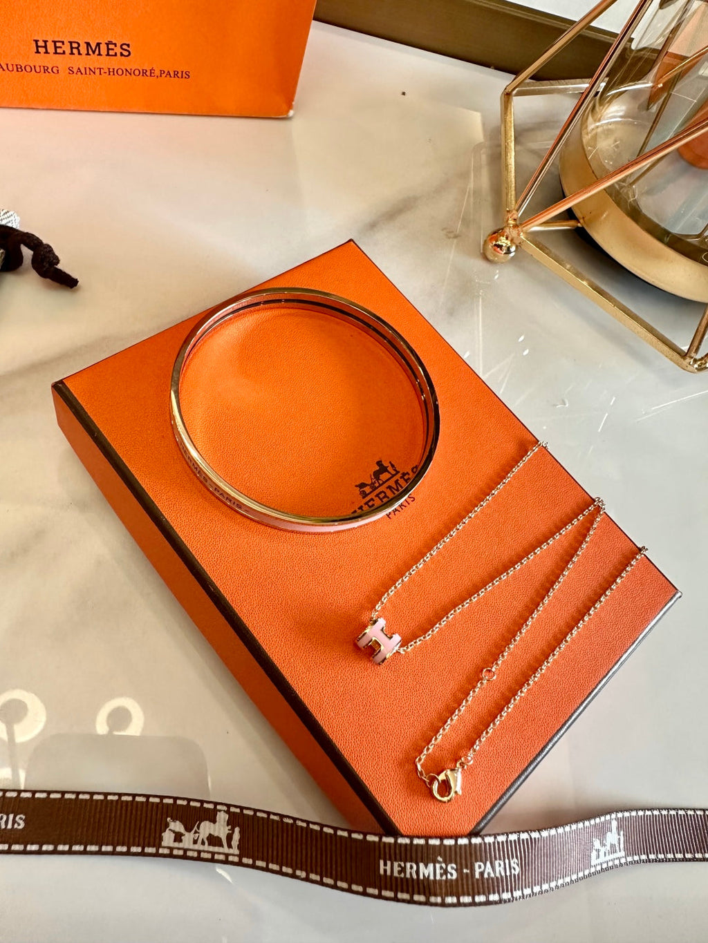 Hermès Oval Enamel 18K Gold Plated Necklace and Bracelet Set