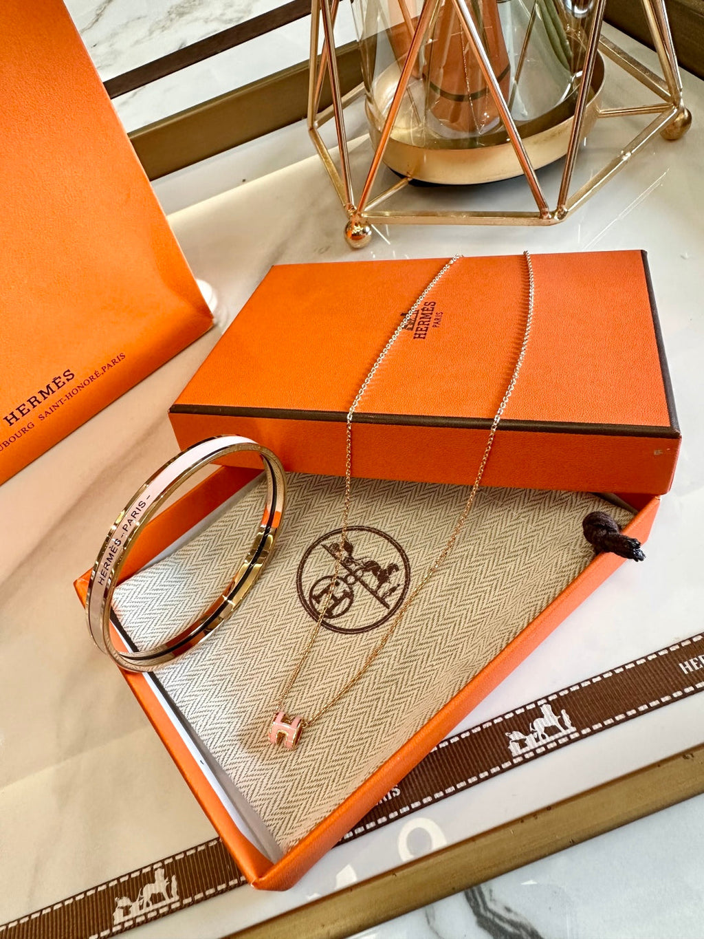 Hermès Oval Enamel 18K Gold Plated Necklace and Bracelet Set