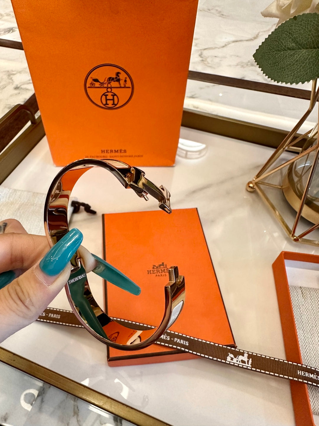 Hermès H-Letter Oval Enamel Bracelet