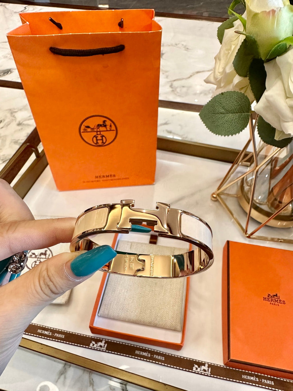 Hermès H-Letter Oval Enamel Bracelet