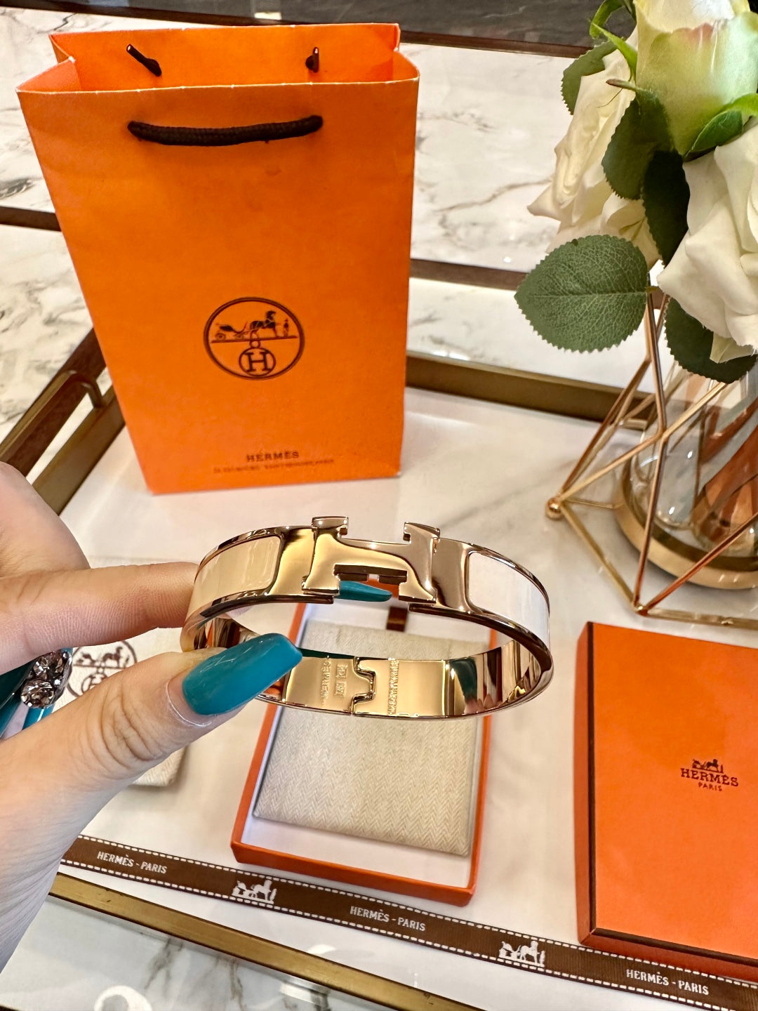 Hermès H-Letter Oval Enamel Bracelet