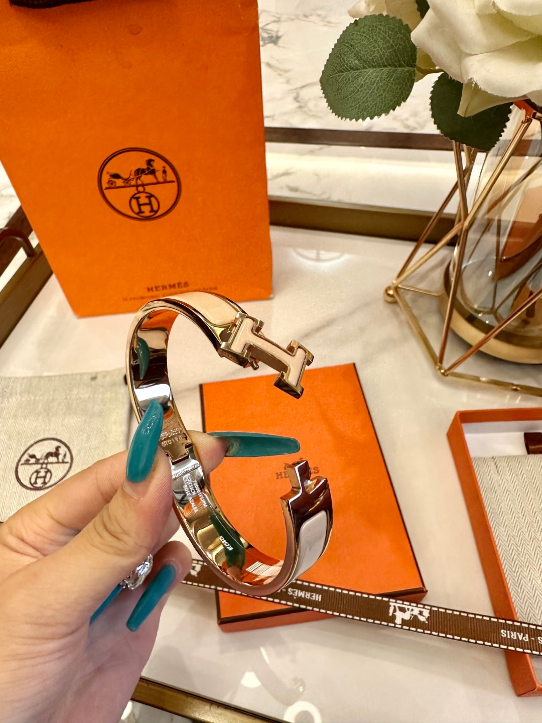 Hermès H-Letter Oval Enamel Bracelet