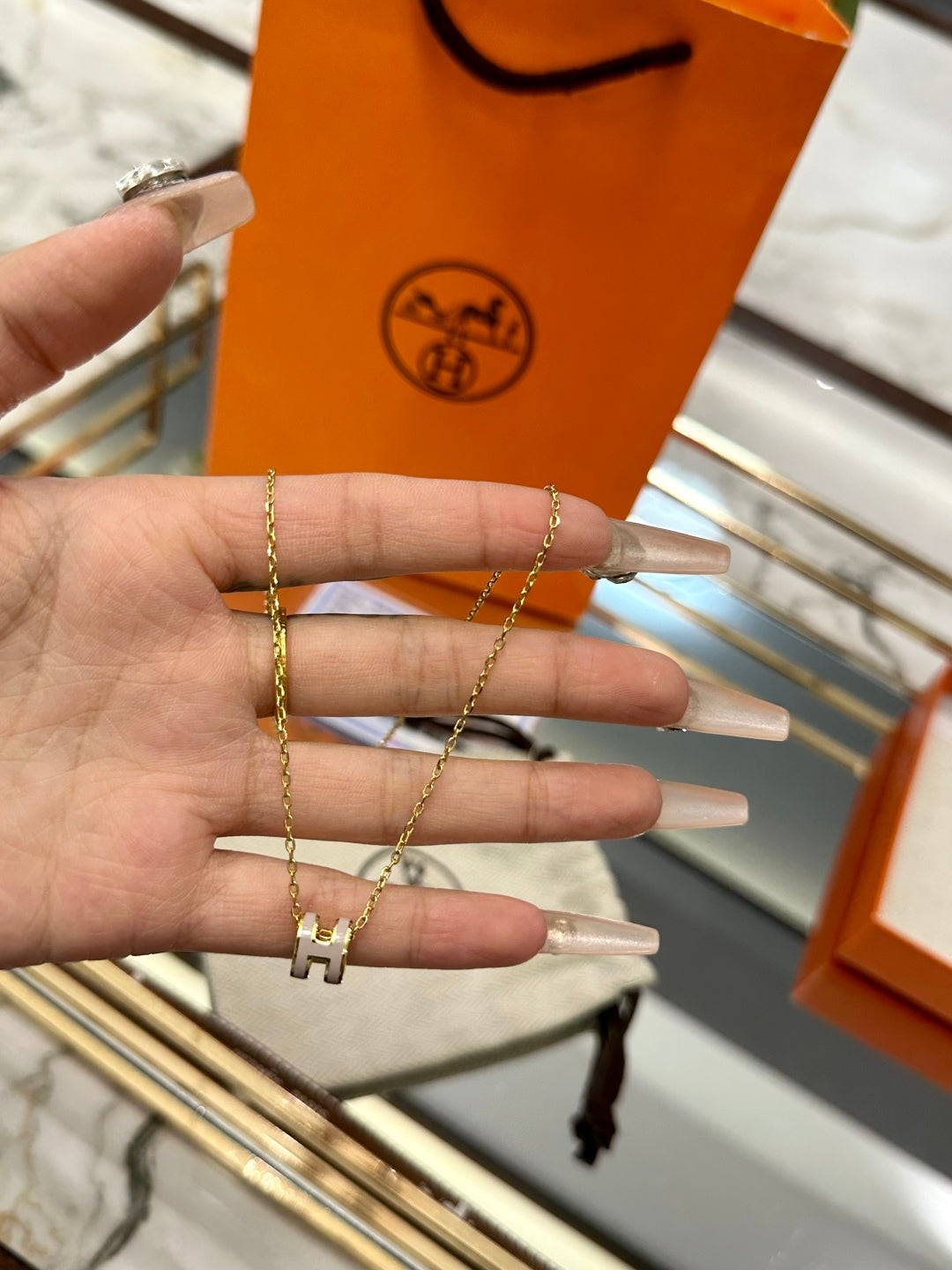 Hermès H-Letter Oval Enamel Necklace
