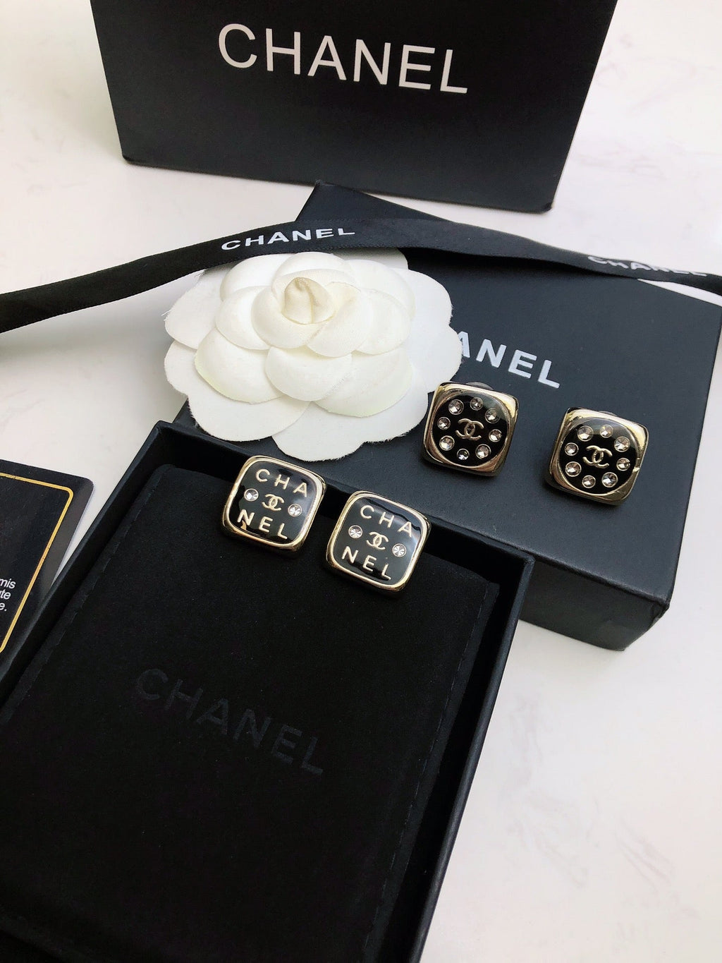 Chanel Acrylic Swarovski Crystal Stud Earrings