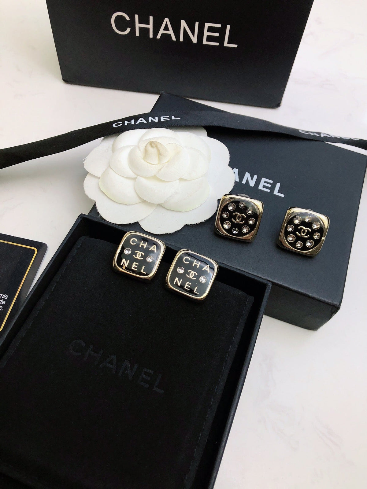 Chanel Acrylic Swarovski Crystal Stud Earrings