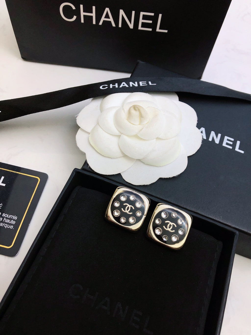 Chanel Acrylic Swarovski Crystal Stud Earrings