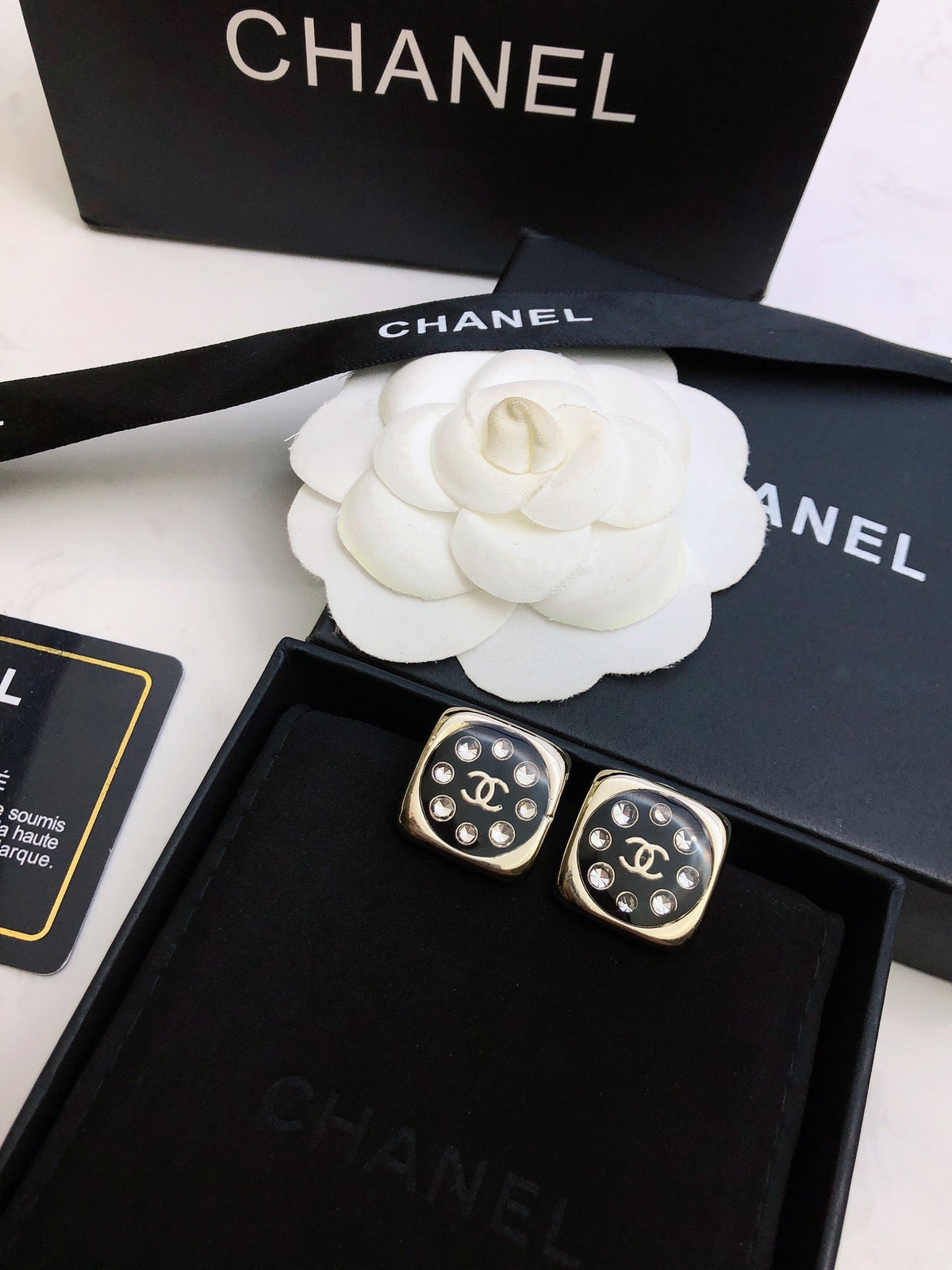 Chanel Acrylic Swarovski Crystal Stud Earrings